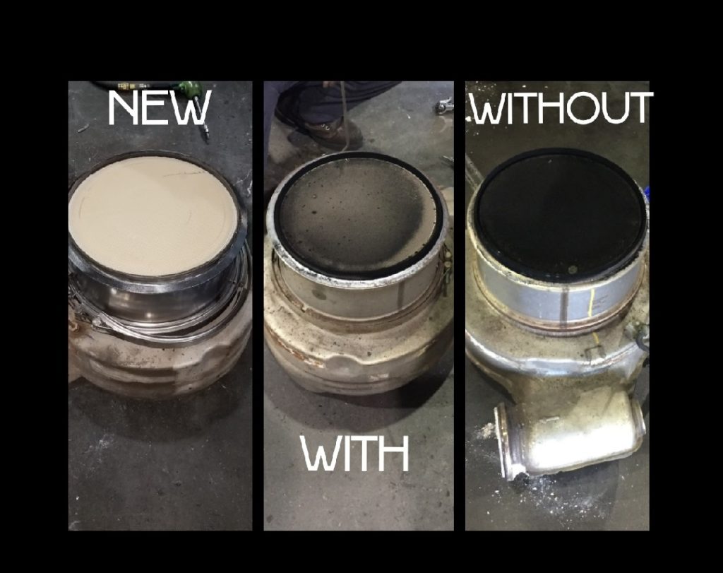 The above picture depicts three diesel particulate filters.

The first depicts a new filter, the middle photo is a filter deployed with the technology, and the last photo is that of a filter deployed without the technology.
